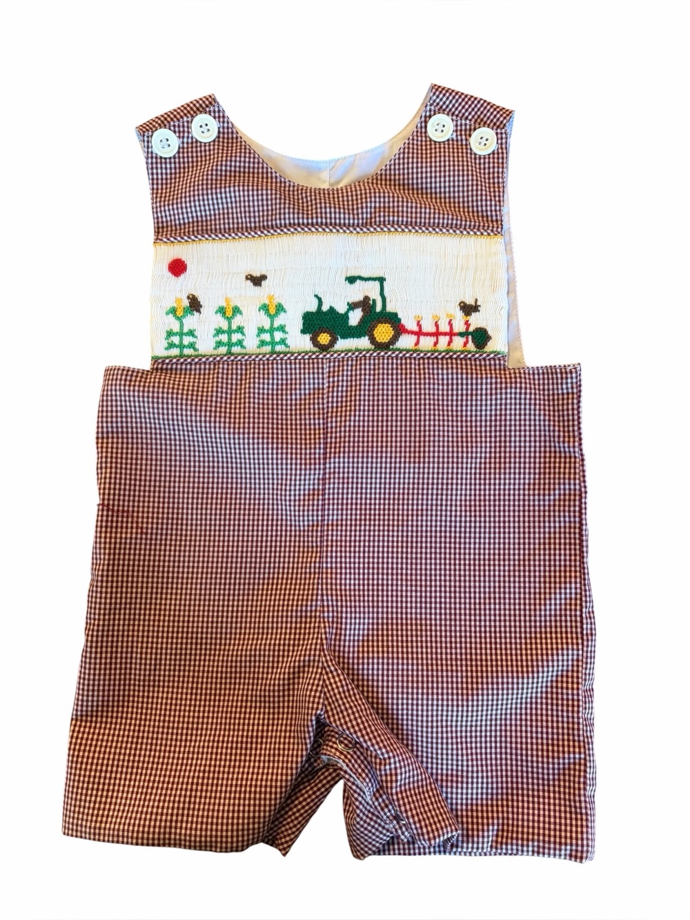 Mom & Me Boys Smocked Tractor Gingham Romper Jon Jon Size 3 Months